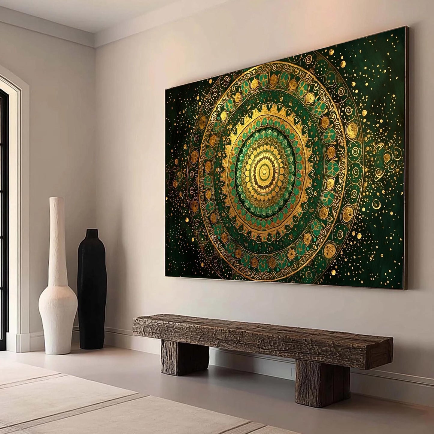 Golden Green Mandala Art, Intricate Boho Wall Decor, Meditation Yoga Studio Canvas – Green and Gold Abstract Boho Wall Art | 