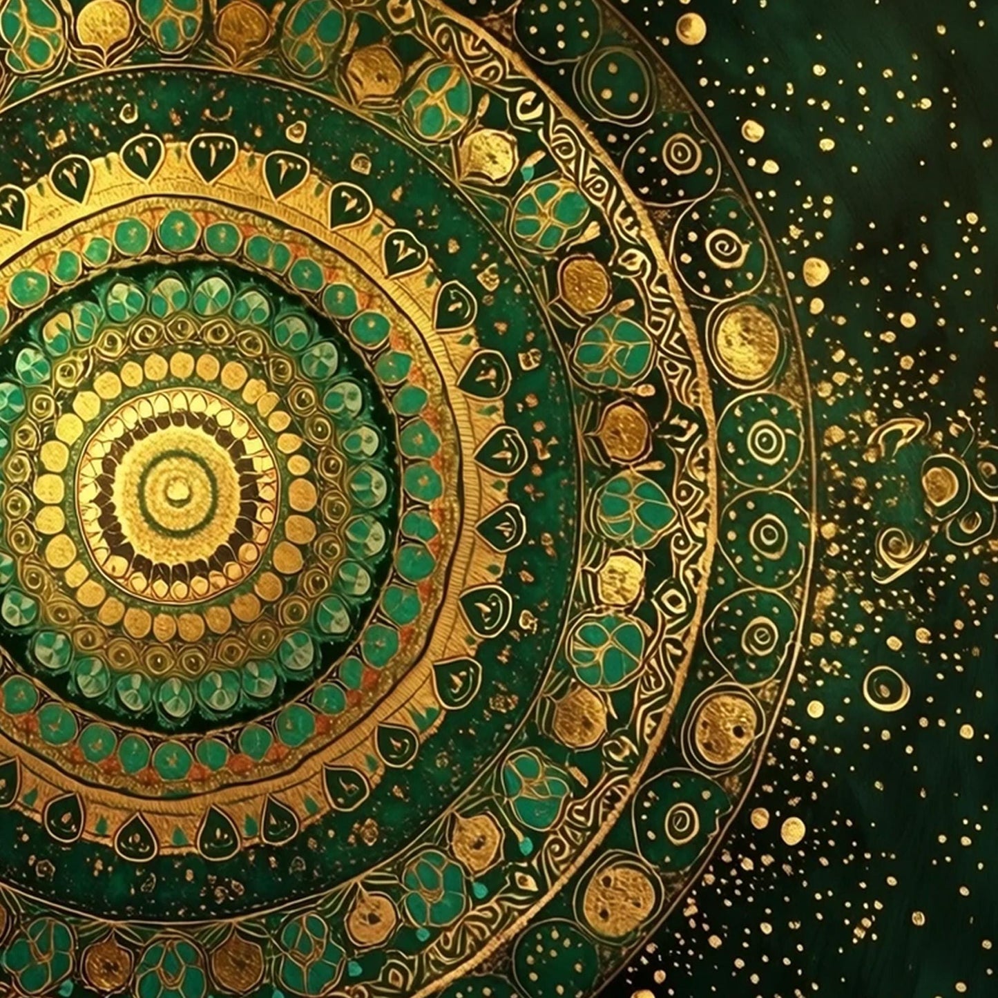 Green and Gold Abstract Boho Wall Art – Golden Green Mandala Art, Intricate Boho Wall Decor, Meditation Yoga Studio Canvas