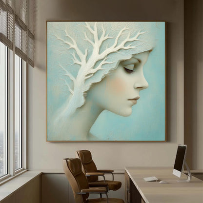 Teal and White Tree Wall Art – Profile Portrait with Sculptural White Tree, Teal Background, Dreamlike Wall Art