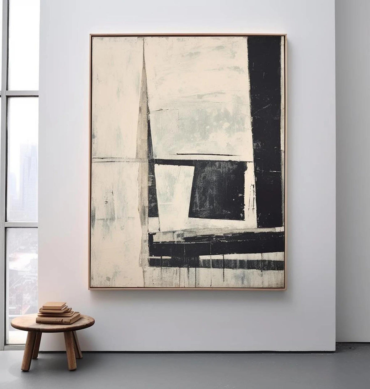 Black and White Abstract Oil painting, Original Neutral Geometric Canvas Wall Art, Modern Minimalist Wall Art for Living Room, Home Décor