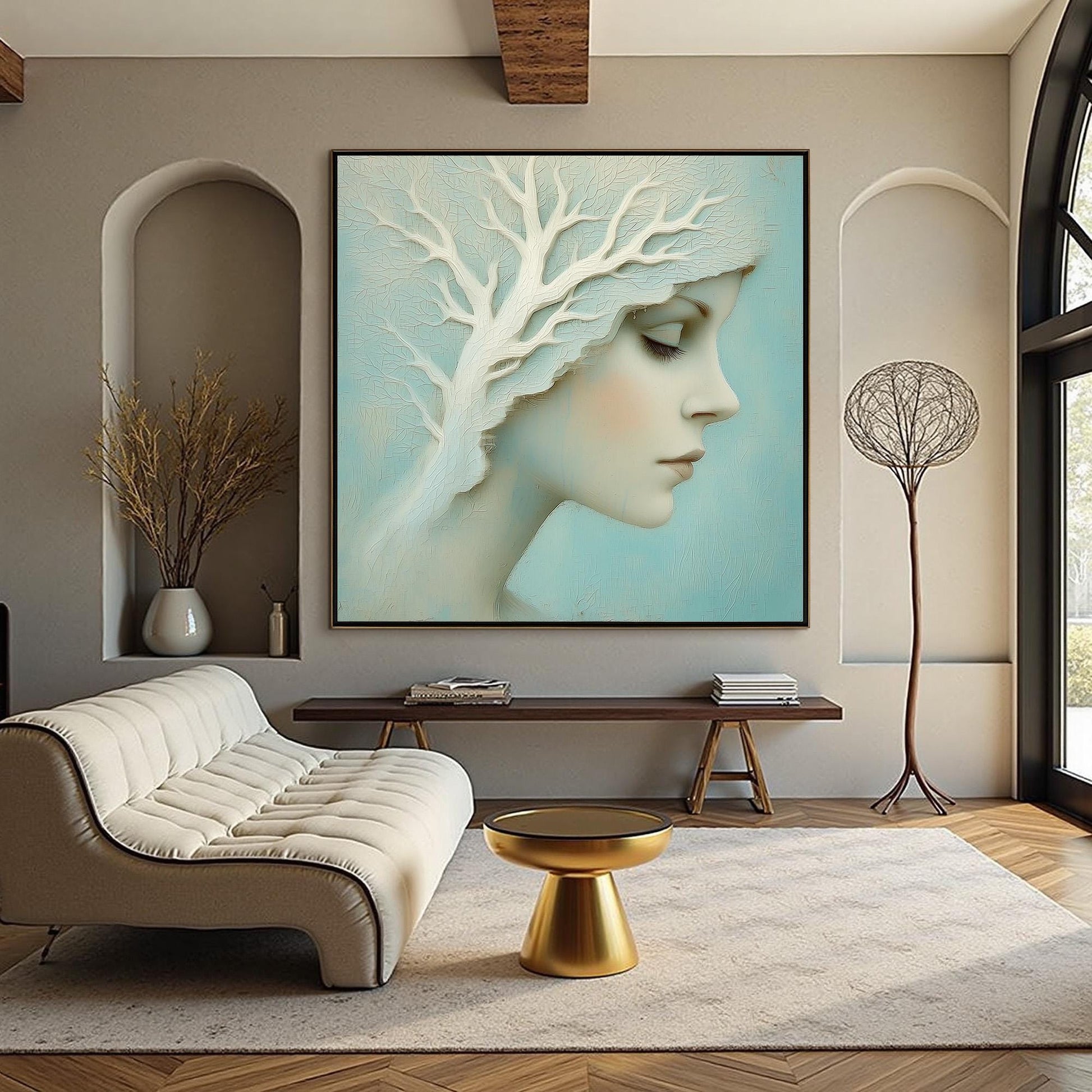 Profile Portrait with Sculptural White Tree, Teal Background, Dreamlike Wall Art – Teal and White Tree Wall Art | Painting, v