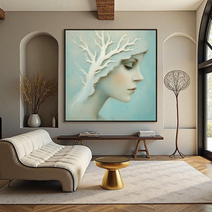 Profile Portrait with Sculptural White Tree, Teal Background, Dreamlike Wall Art – Teal and White Tree Wall Art | Painting, v