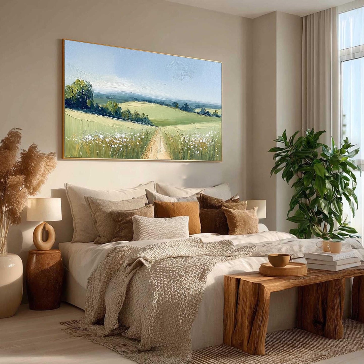 Impasto Oil Landscape Painting, Sunny Country Lane Meadow Artwork, Pastoral Wall Decor – Green Meadow Landscape Wall Art | Im