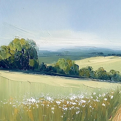 Green Impasto Meadow Landscape Wall Art – Sunny Country Lane Painting
