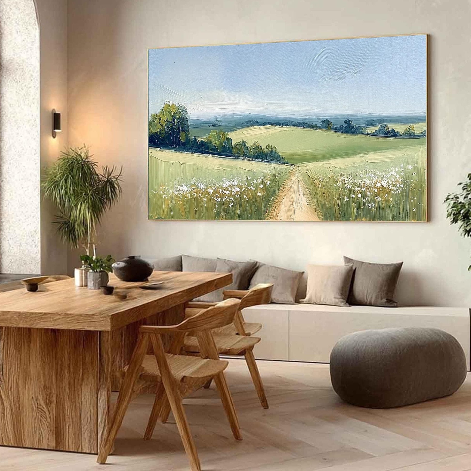 Impasto Oil Landscape Painting, Sunny Country Lane Meadow Artwork, Pastoral Wall Decor – Green Meadow Landscape Wall Art | Im