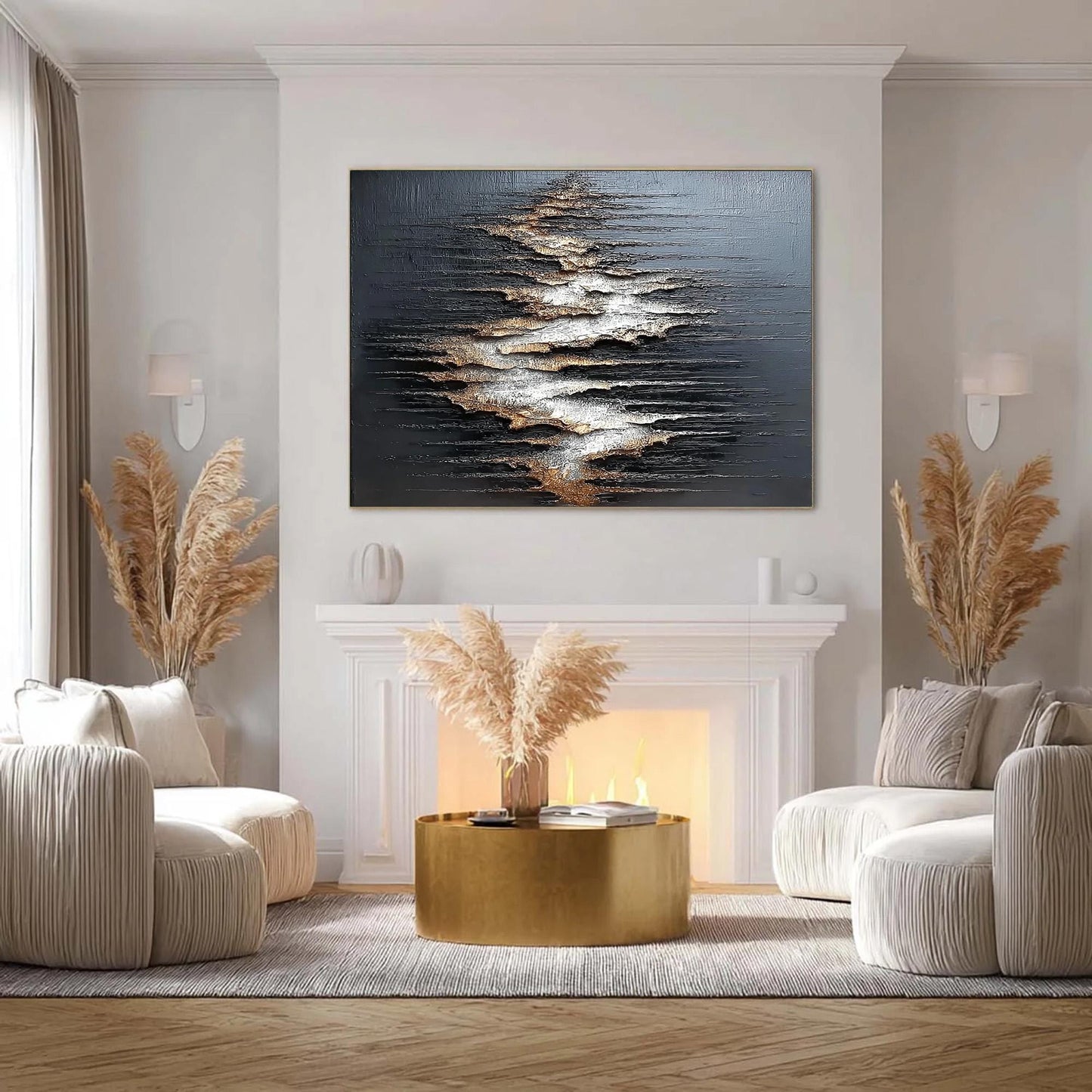 Textured Black Abstract Painting, Gold Silver Relief, Modern Metallic Mixed Media Artwork – Gold and Silver Abstract Minimali