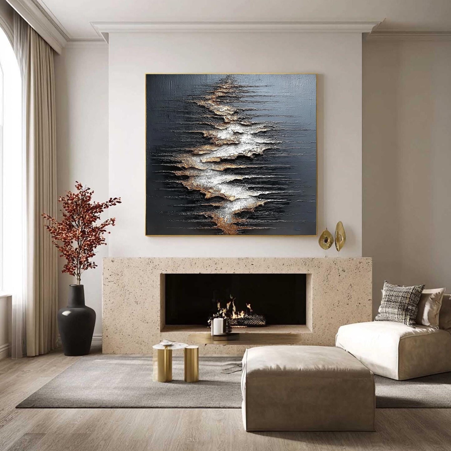 Textured Black Abstract Painting, Gold Silver Relief, Modern Metallic Mixed Media Artwork – Gold and Silver Abstract Minimali