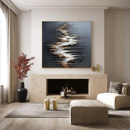 Textured Black Abstract Painting, Gold Silver Relief, Modern Metallic Mixed Media Artwork – Gold and Silver Abstract Minimali