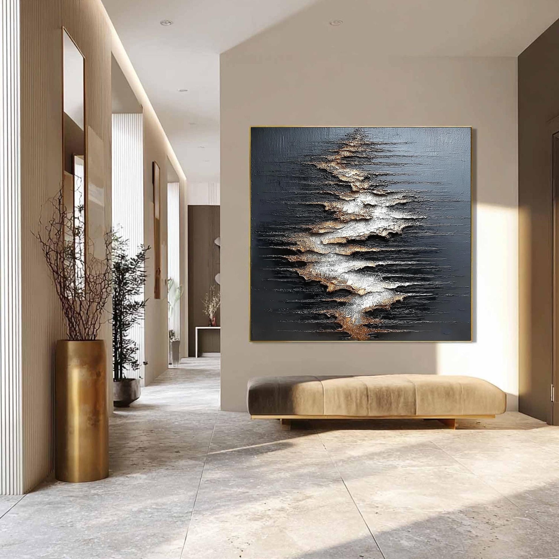 Textured Black Abstract Painting, Gold Silver Relief, Modern Metallic Mixed Media Artwork – Gold and Silver Abstract Minimali
