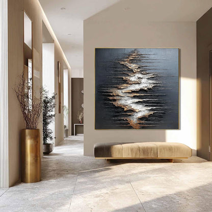 Textured Black Abstract Painting, Gold Silver Relief, Modern Metallic Mixed Media Artwork – Gold and Silver Abstract Minimali