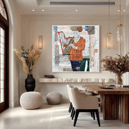 Textured Harp Painting, Mixed Media Abstract Art, Fabric Collage Wall Decor – Abstract Boho Wall Art | Textured Mixed Media P