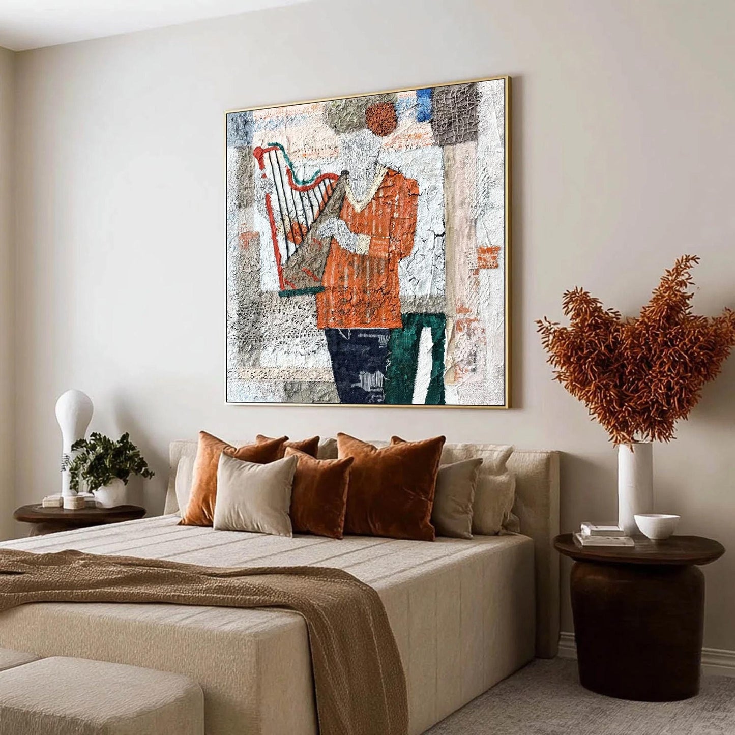 Textured Harp Painting, Mixed Media Abstract Art, Fabric Collage Wall Decor – Abstract Boho Wall Art | Textured Mixed Media P