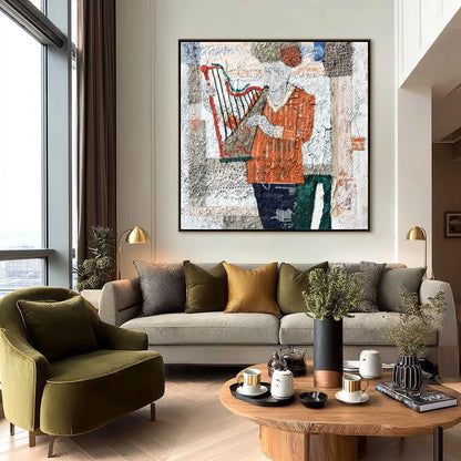 Textured Harp Mixed Media Painting – Boho Wall Art