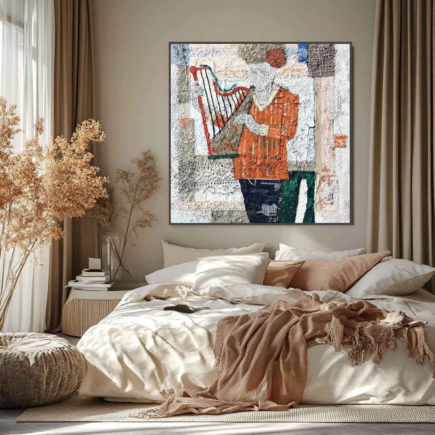 Textured Harp Mixed Media Painting – Boho Wall Art