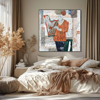 Textured Harp Mixed Media Painting – Boho Wall Art