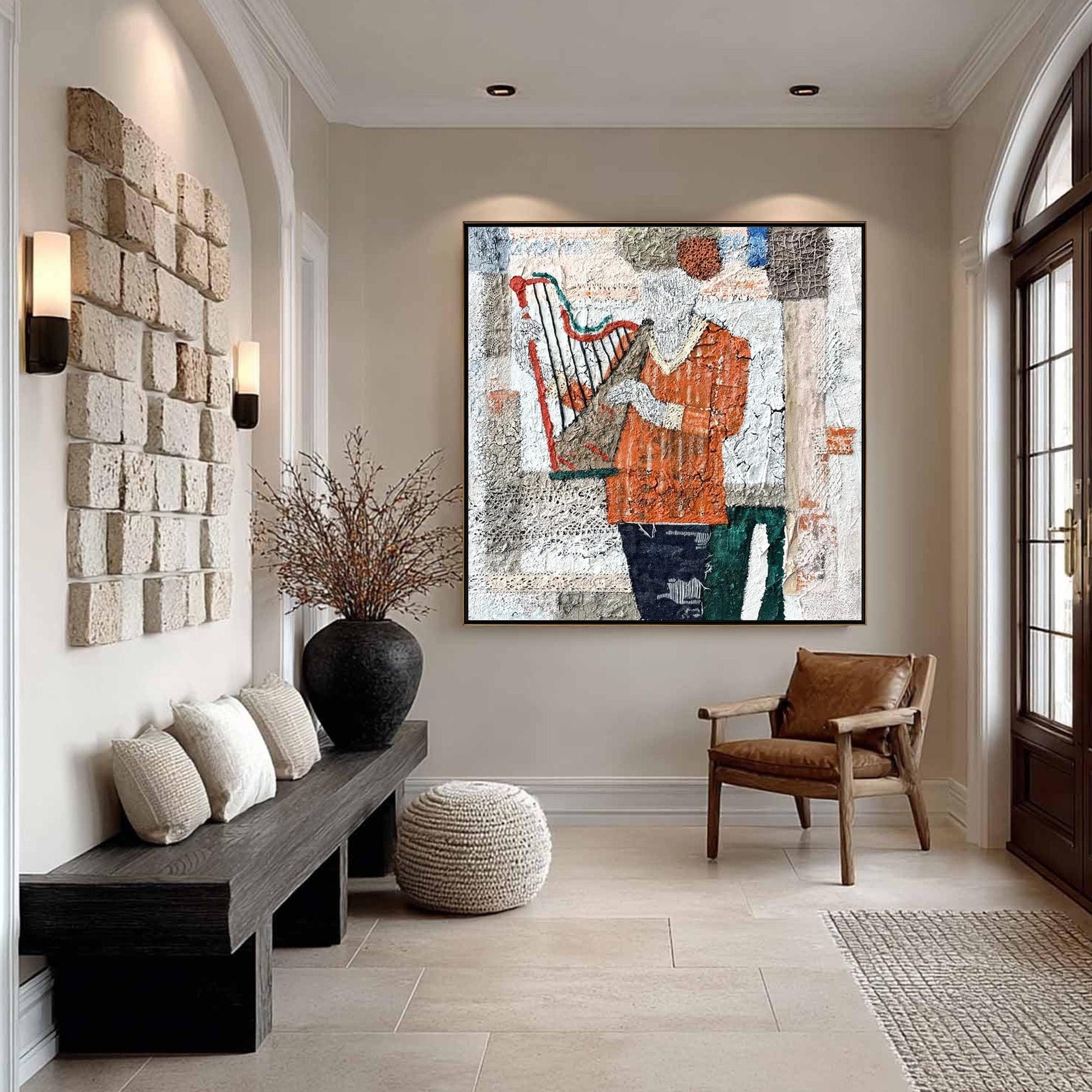 Textured Harp Painting, Mixed Media Abstract Art, Fabric Collage Wall Decor – Abstract Boho Wall Art | Textured Mixed Media P