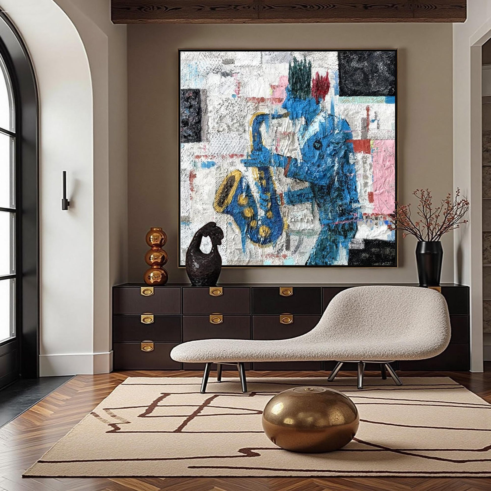 Textured Blue Saxophonist Painting, Mixed Media Jazz Artwork, Figurative Wall Decor – Blue Couple Figure Portrait Wall Art | 