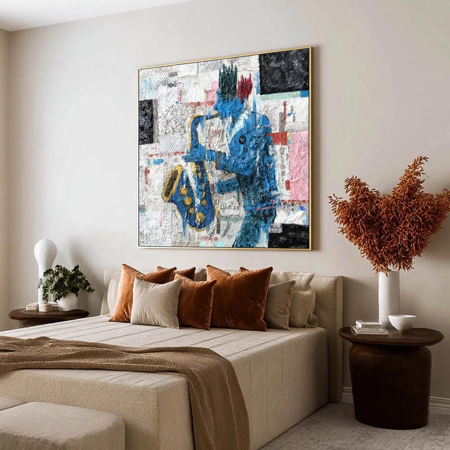 Textured Blue Saxophonist Painting, Mixed Media Jazz Artwork, Figurative Wall Decor – Blue Couple Figure Portrait Wall Art | 