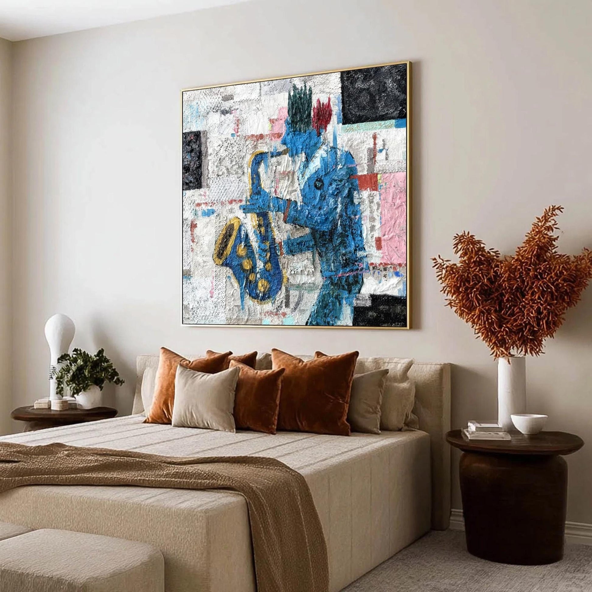 Textured Blue Saxophonist Painting, Mixed Media Jazz Artwork, Figurative Wall Decor – Blue Couple Figure Portrait Wall Art | 
