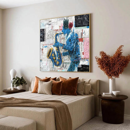 Textured Blue Saxophonist Painting, Mixed Media Jazz Artwork, Figurative Wall Decor – Blue Couple Figure Portrait Wall Art | 