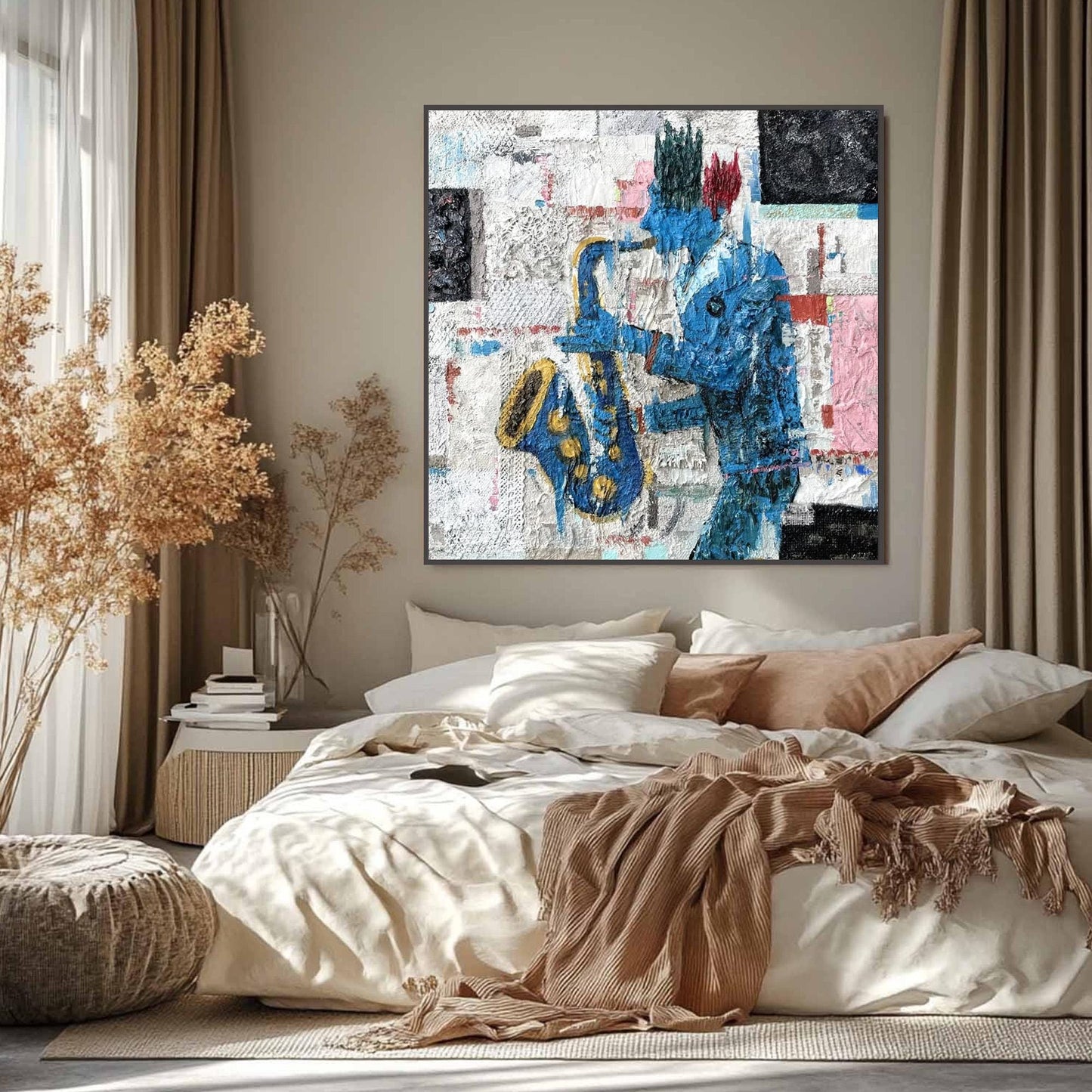 Textured Blue Saxophonist Mixed Media Painting – Figure Portrait Wall Art