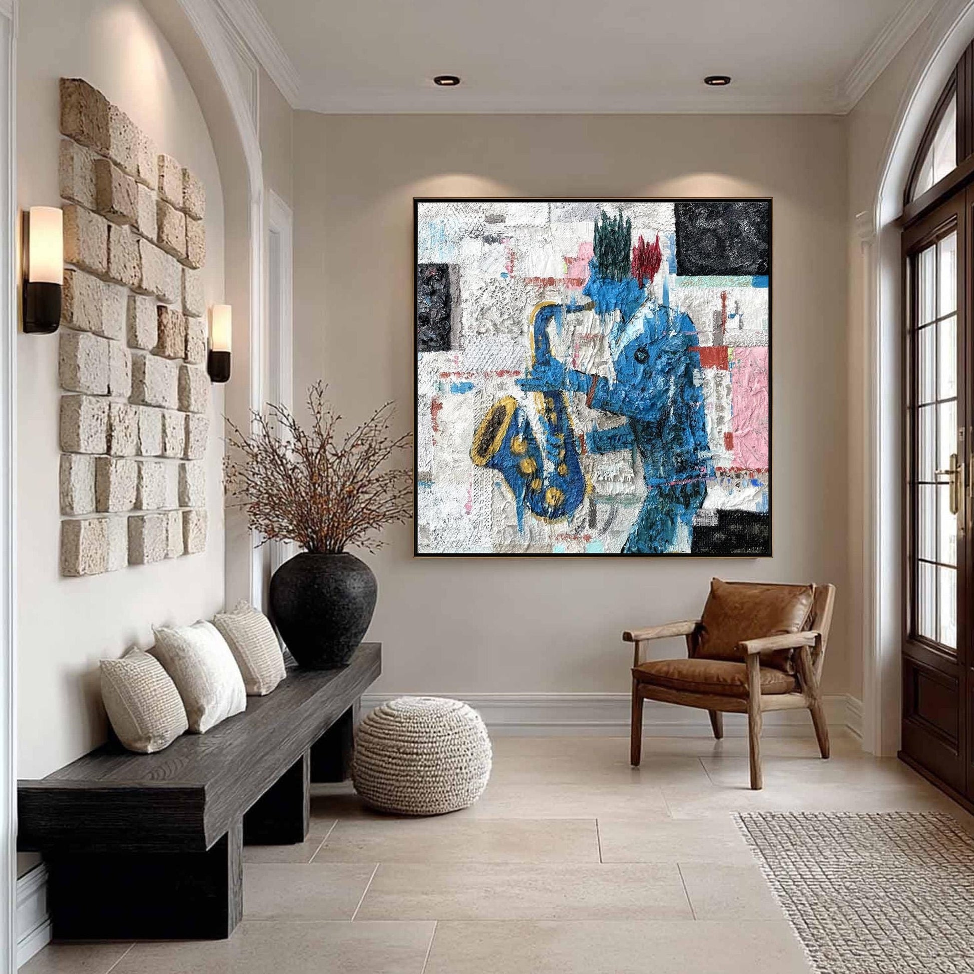 Textured Blue Saxophonist Painting, Mixed Media Jazz Artwork, Figurative Wall Decor – Blue Couple Figure Portrait Wall Art | 