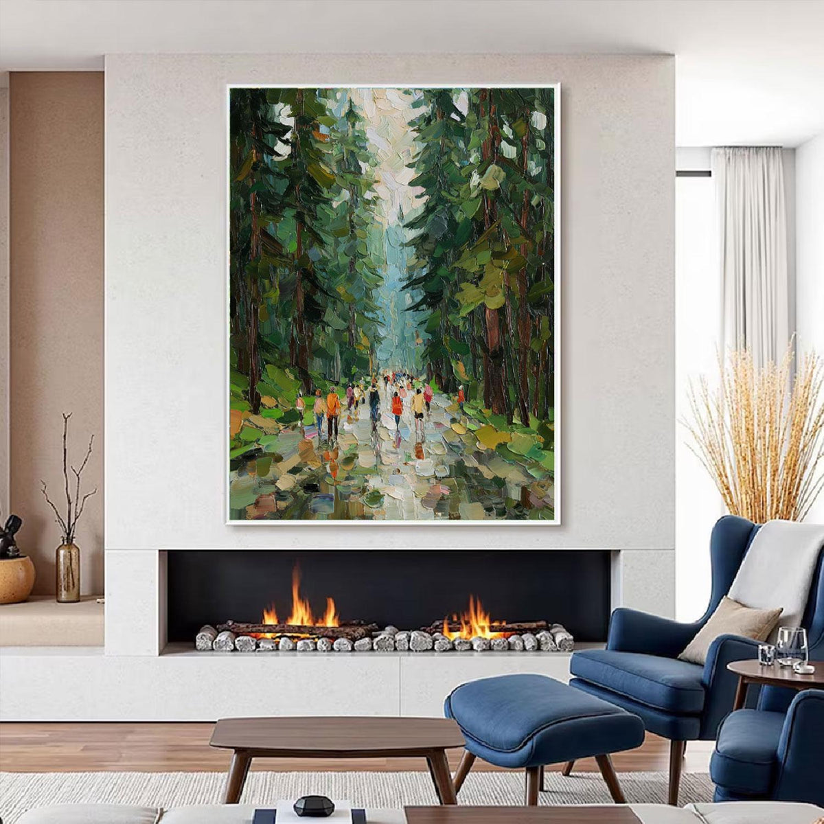May include: A vertical oil painting on canvas depicting a forest path with tall, dark green pine trees and a group of people walking in the distance. The scene features textured brushstrokes in shades of forest green, brown, and white.
