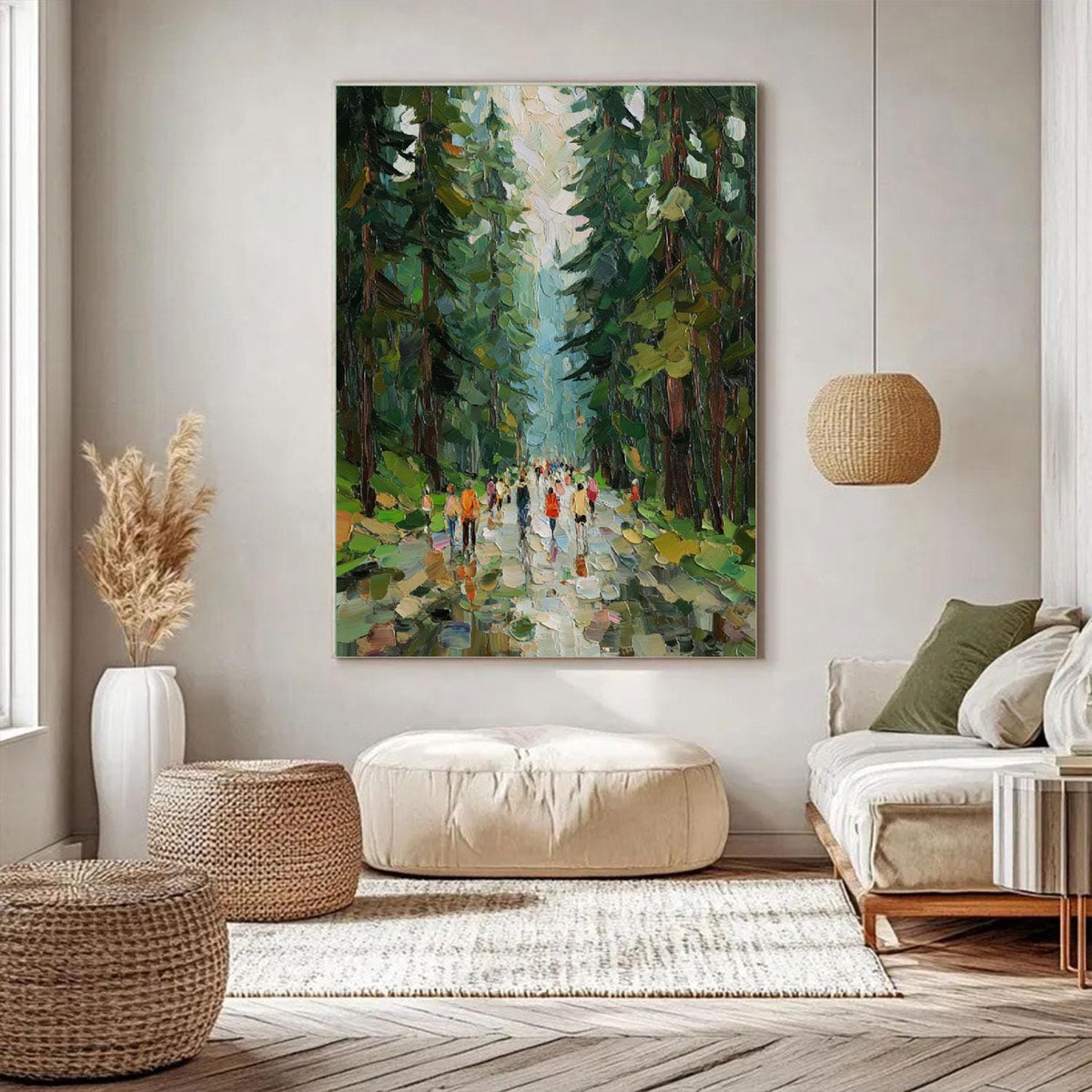 May include: A large rectangular oil painting on a wall depicting a forest path with tall green trees and a group of people walking. The artwork features thick, textured brushstrokes in shades of dark green, light green, and earthy brown tones.