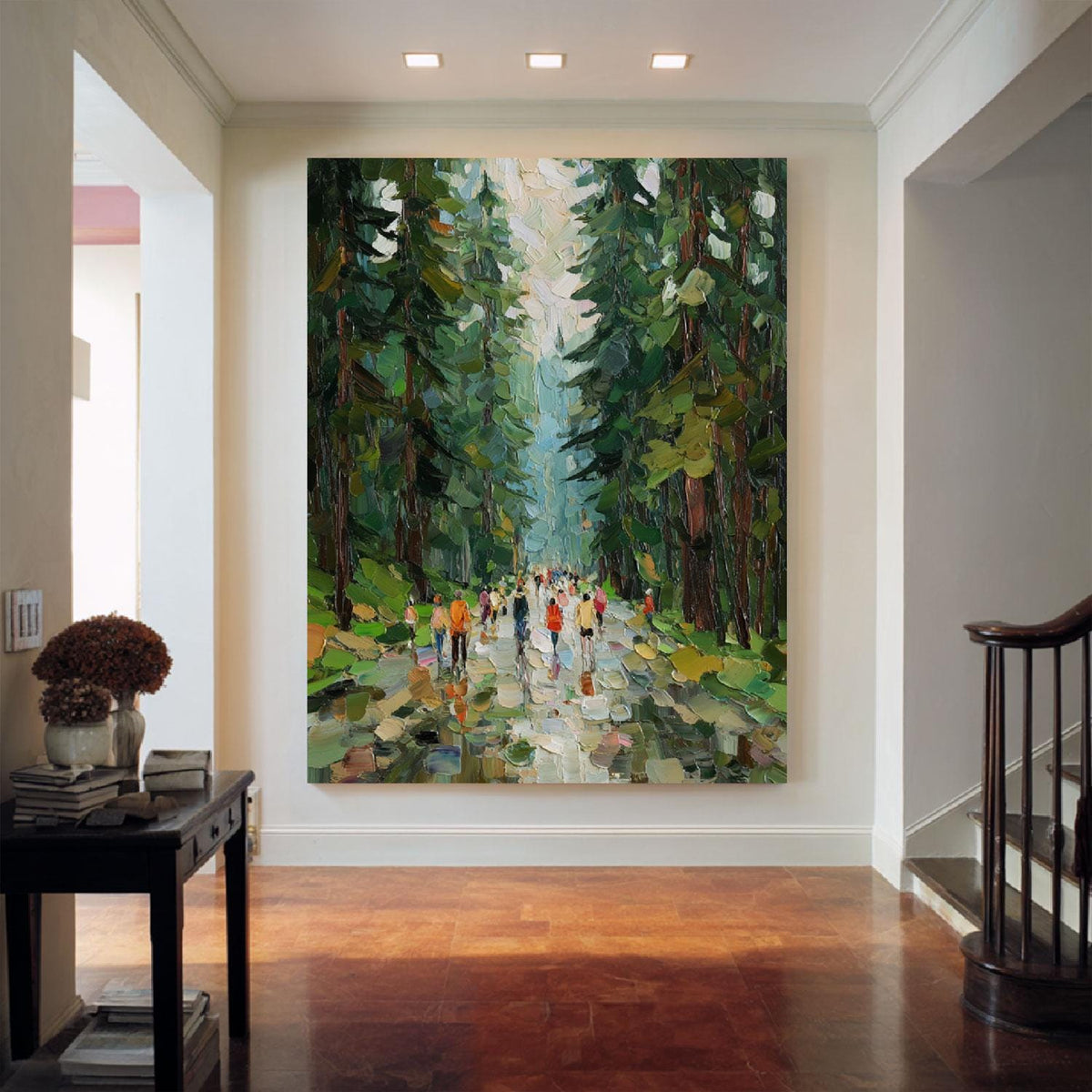 May include: A large rectangular oil painting featuring a forest path filled with people walking among tall, dark green pine trees. The artwork uses thick, textured brushstrokes in shades of forest green, brown, and bright pops of color for clothing.