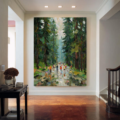 May include: A large rectangular oil painting featuring a forest path filled with people walking among tall, dark green pine trees. The artwork uses thick, textured brushstrokes in shades of forest green, brown, and bright pops of color for clothing.