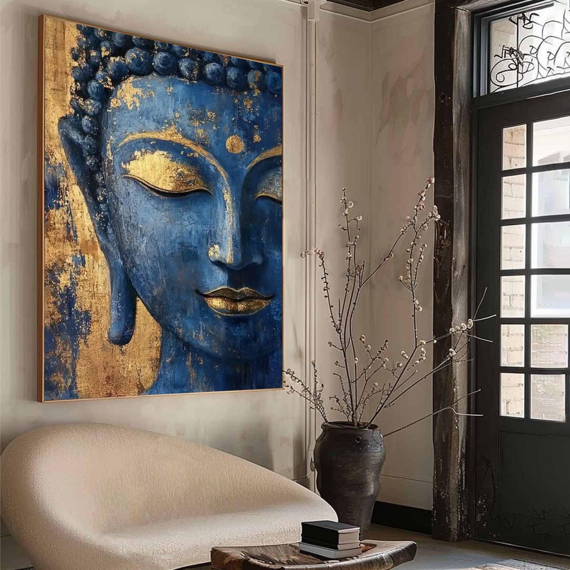 Blue Textured Buddha Face Wall Art – Blue and Gold Botanical Leaf Wall Art | Textured Painting, view 2
