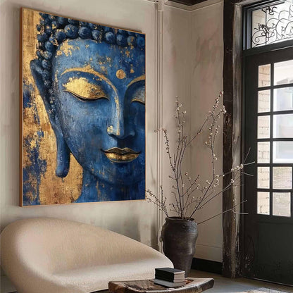 Blue Textured Buddha Face Wall Art – Blue and Gold Botanical Leaf Wall Art | Textured Painting, view 2