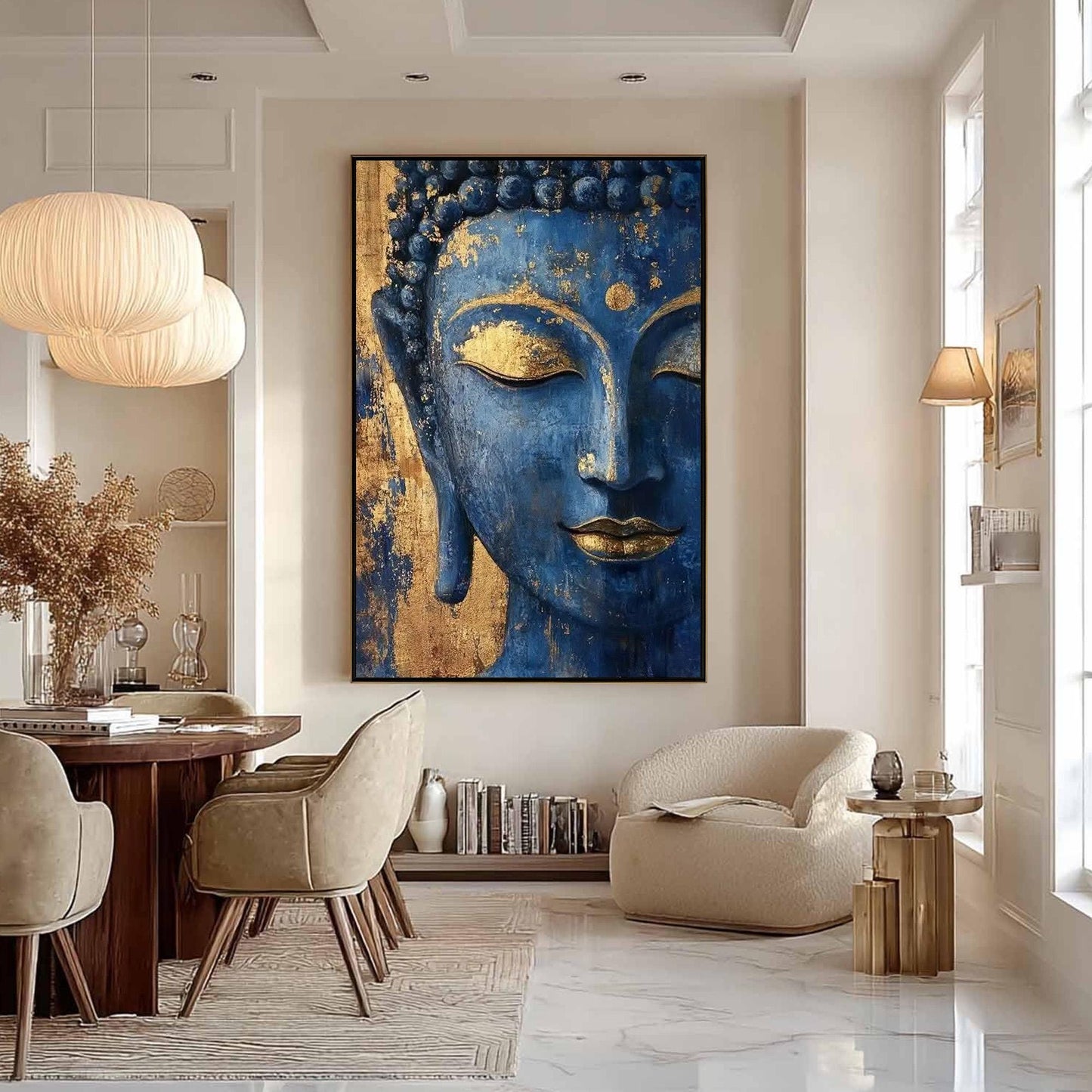 Blue and Gold Textured Leaf Wall Art – Serene Botanical Canvas Painting