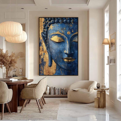 Blue and Gold Textured Leaf Wall Art – Serene Botanical Canvas Painting