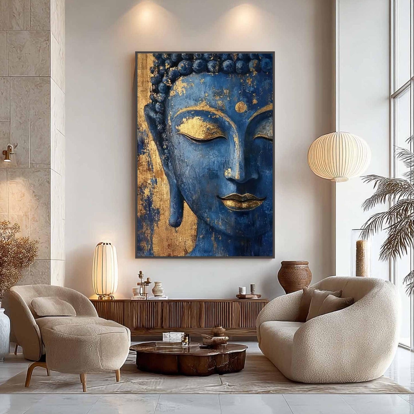 Blue and Gold Textured Leaf Wall Art – Serene Botanical Canvas Painting