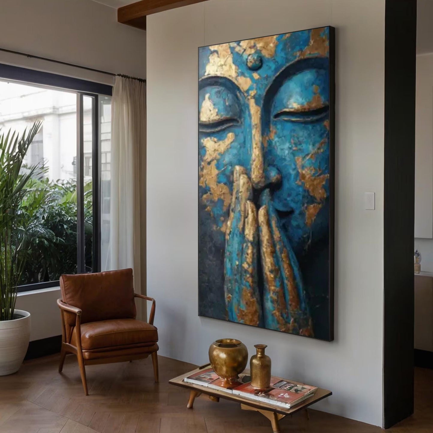 Blue and Gold Textured Leaf Wall Art – Textured Blue Buddha Painting