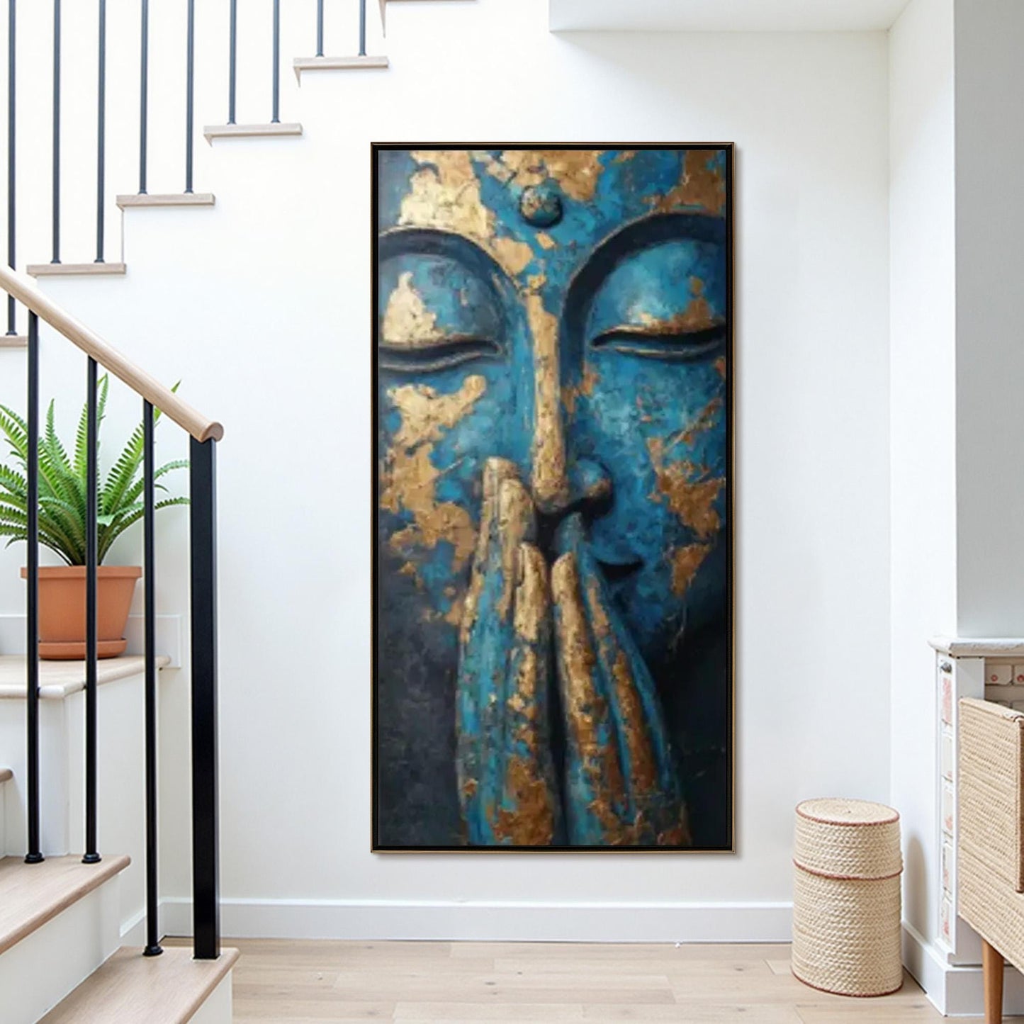 Textured Blue Buddha Painting – Blue and Gold Botanical Leaf Wall Art | Textured Painting, view 2