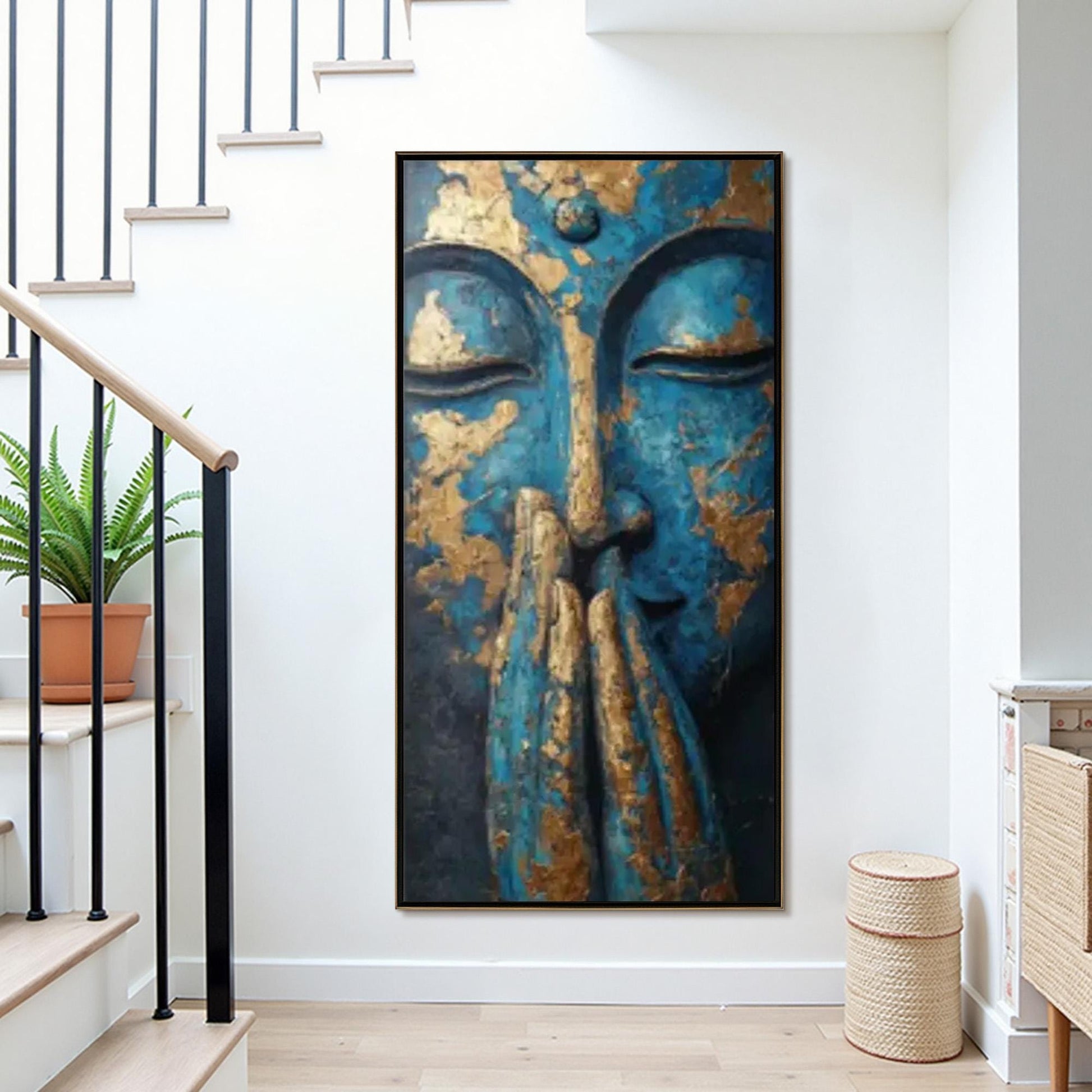 Textured Blue Buddha Painting – Blue and Gold Botanical Leaf Wall Art | Textured Painting, view 2