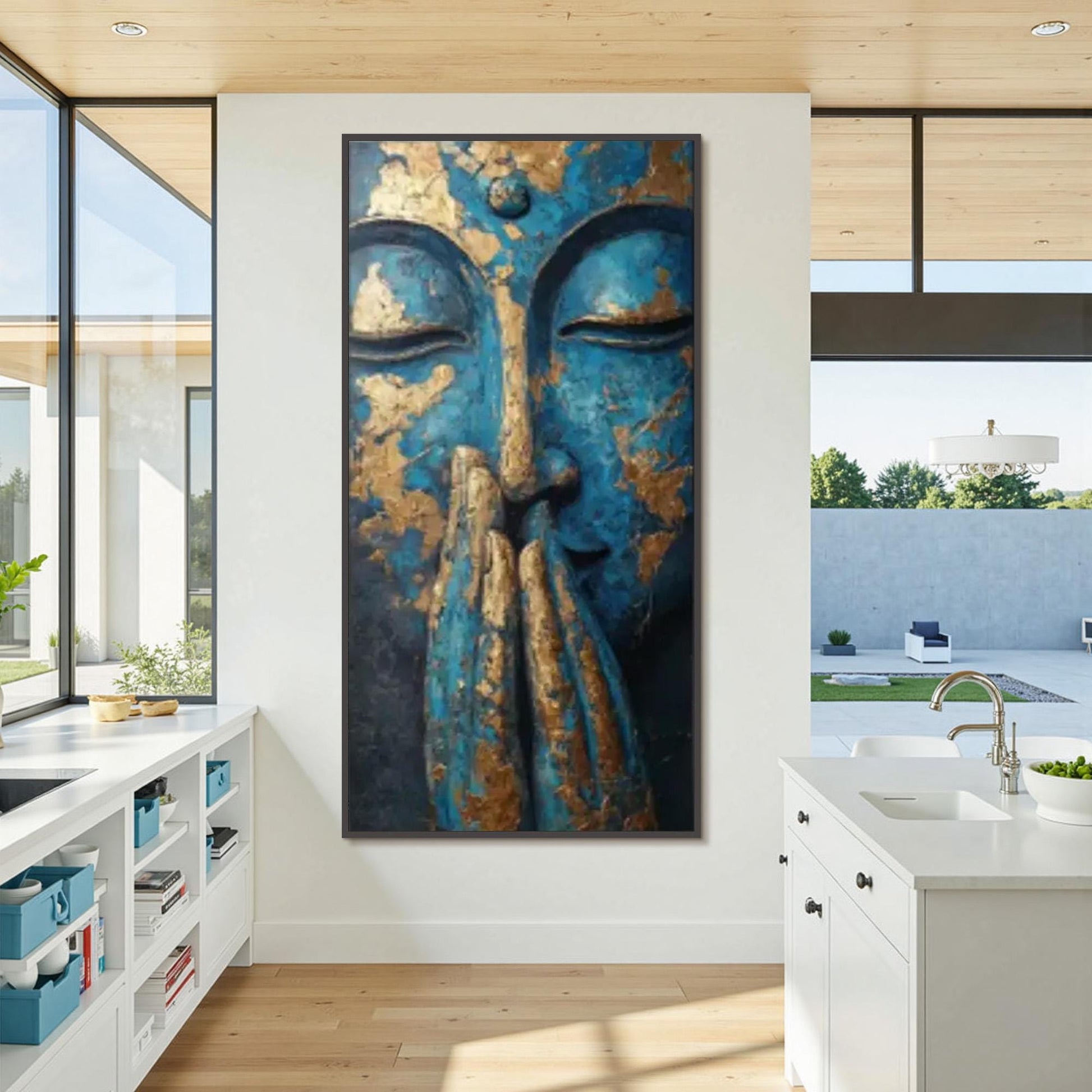 Textured Blue Buddha Painting – Blue and Gold Botanical Leaf Wall Art | Textured Painting, view 3