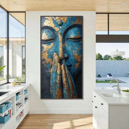 Textured Blue Buddha Painting – Blue and Gold Botanical Leaf Wall Art | Textured Painting, view 3