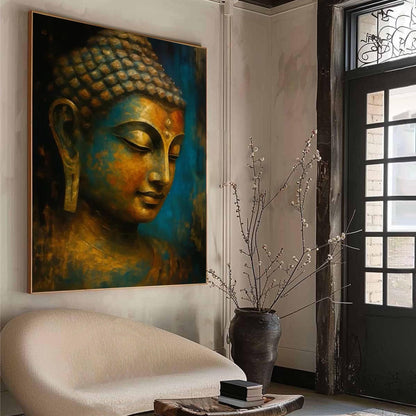 Golden-Blue Buddha Portrait – Blue and Gold Figurative Figure Portrait Wall Art | Textured Painting, view 2