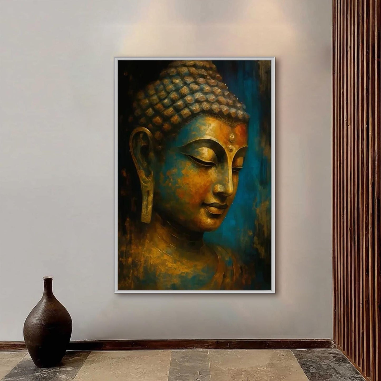 Blue and Gold Textured Figure Portrait Wall Art – Golden-Blue Buddha Portrait