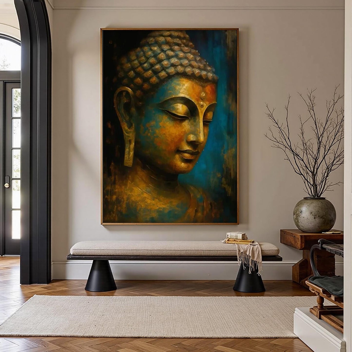 Golden-Blue Buddha Portrait – Blue and Gold Figurative Figure Portrait Wall Art | Textured Painting, view 1