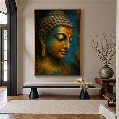 Golden-Blue Buddha Portrait – Blue and Gold Figurative Figure Portrait Wall Art | Textured Painting, view 1