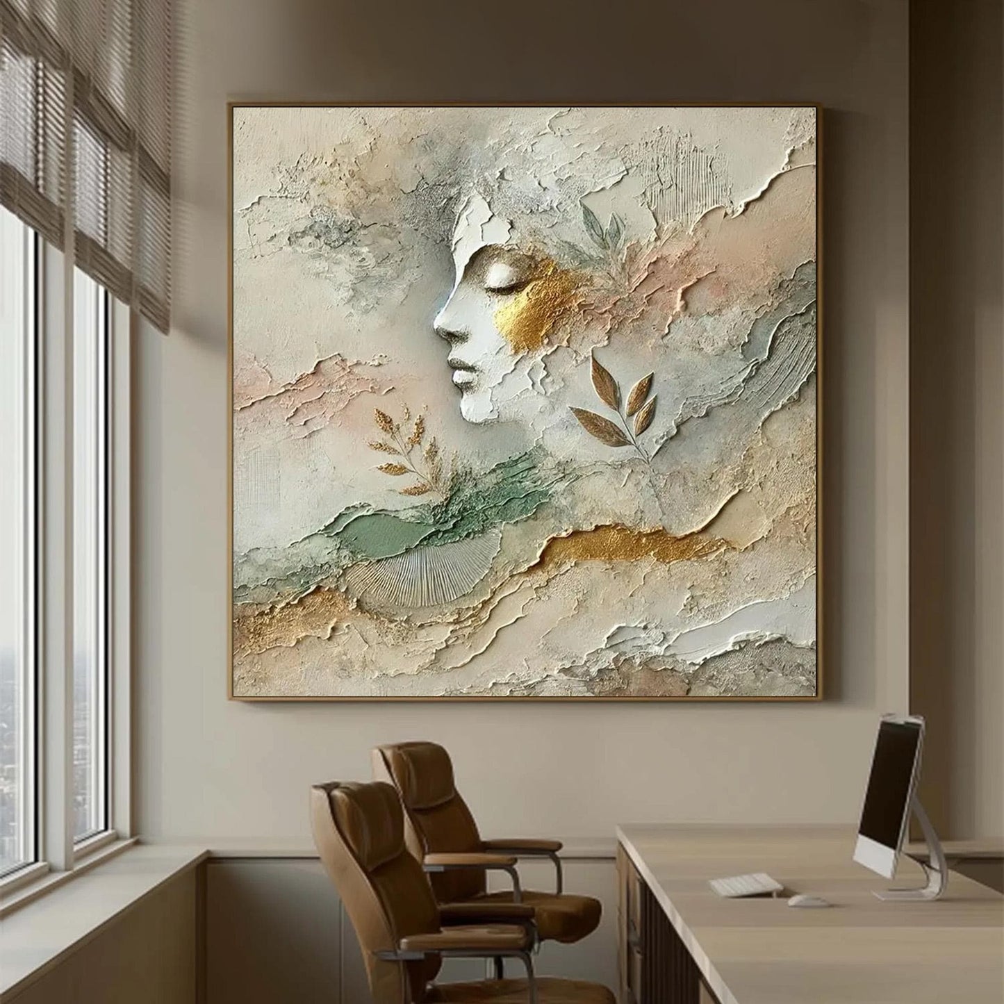 Textured Female Profile Relief Painting, Mixed Media Face Art, Gold Leaf Artwork – Gold Botanical Leaf Wall Art | Textured Mi
