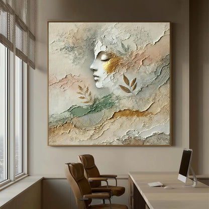 Textured Female Profile Relief Painting, Mixed Media Face Art, Gold Leaf Artwork – Gold Botanical Leaf Wall Art | Textured Mi