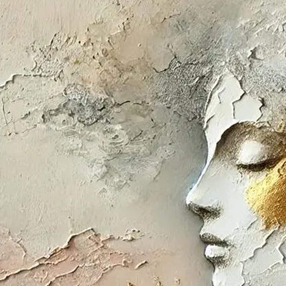 Textured Female Profile Relief Painting, Mixed Media Face Art, Gold Leaf Artwork – Gold Botanical Leaf Wall Art | Textured Mi