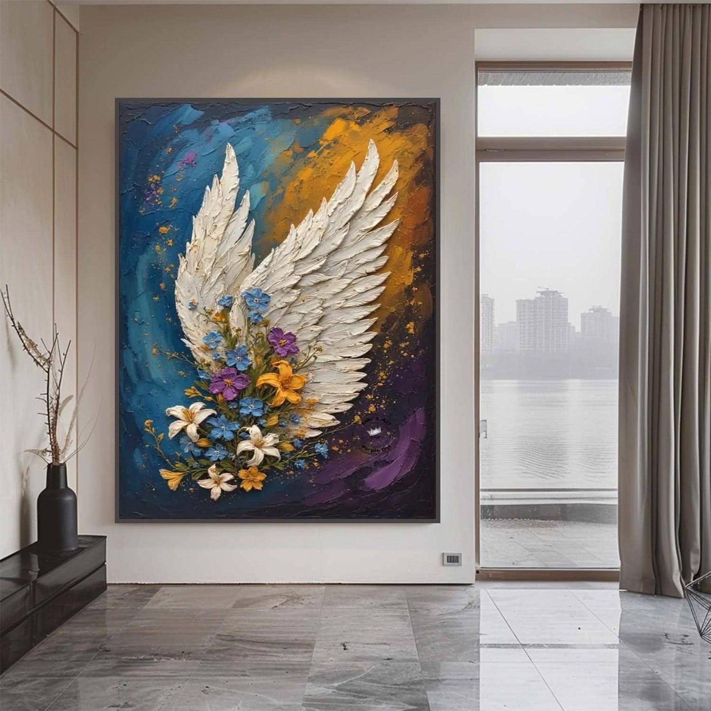 Textured Angel Wing Floral Painting, Mixed Media Canvas Art, Spiritual Wall Decor – White Floral Wall Art | Textured Mixed Me