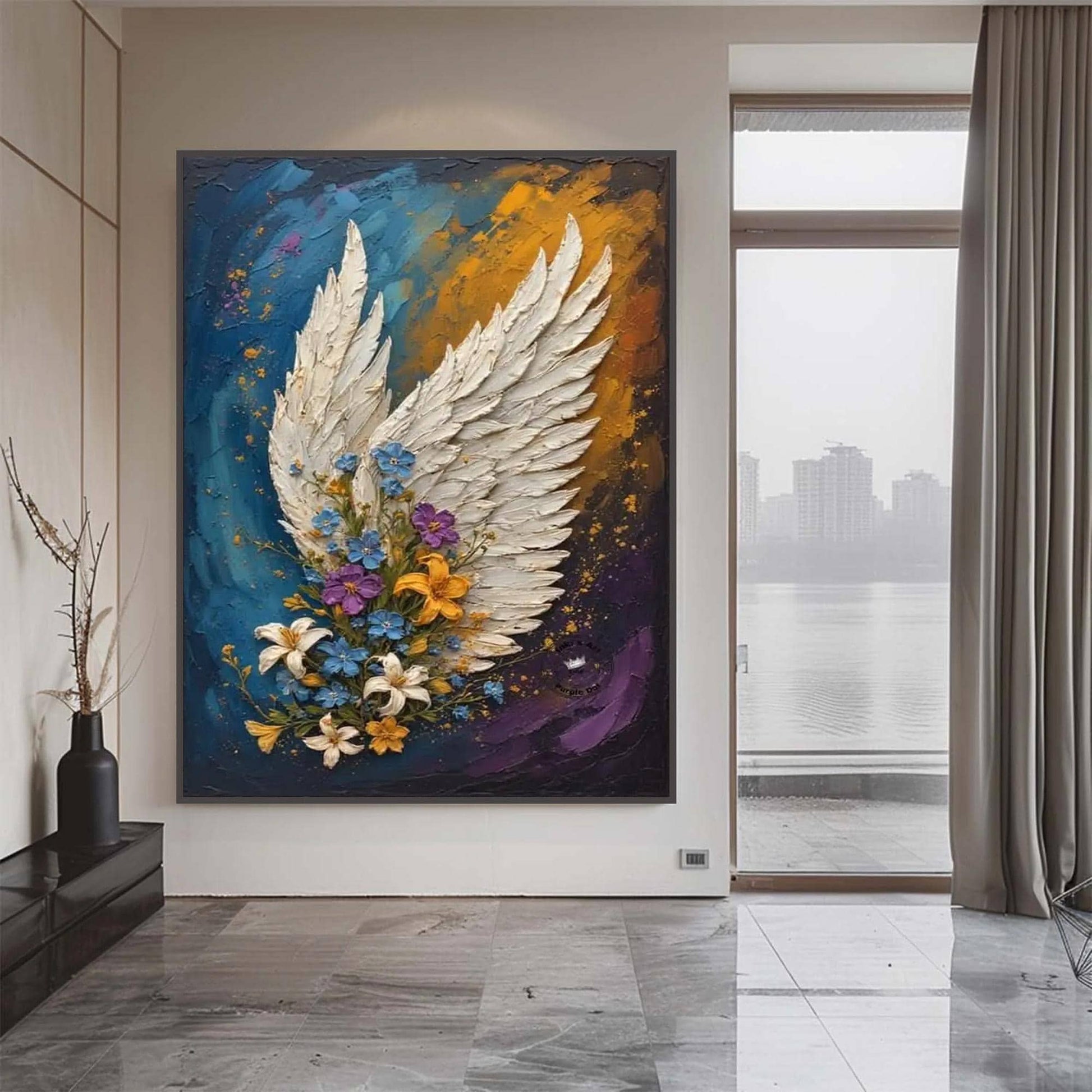 Textured Angel Wing Floral Painting, Mixed Media Canvas Art, Spiritual Wall Decor – White Floral Wall Art | Textured Mixed Me