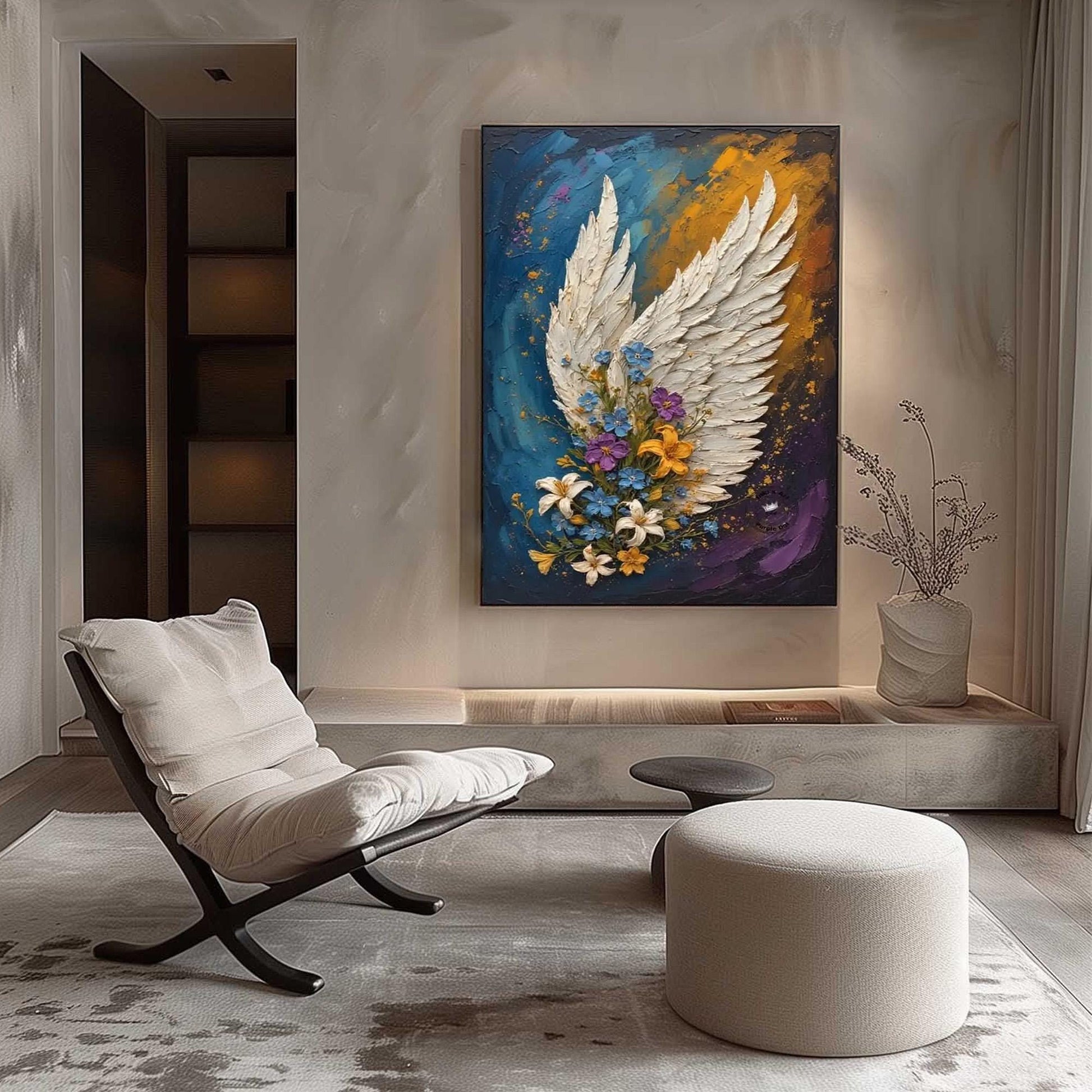 Textured Angel Wing Floral Painting, Mixed Media Canvas Art, Spiritual Wall Decor – White Floral Wall Art | Textured Mixed Me